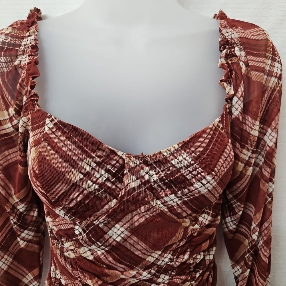 Womens Sz Small Almost Famous Y2k Plaid Blouse Micro Mesh Clueless Preppy - Picture 2 of 7